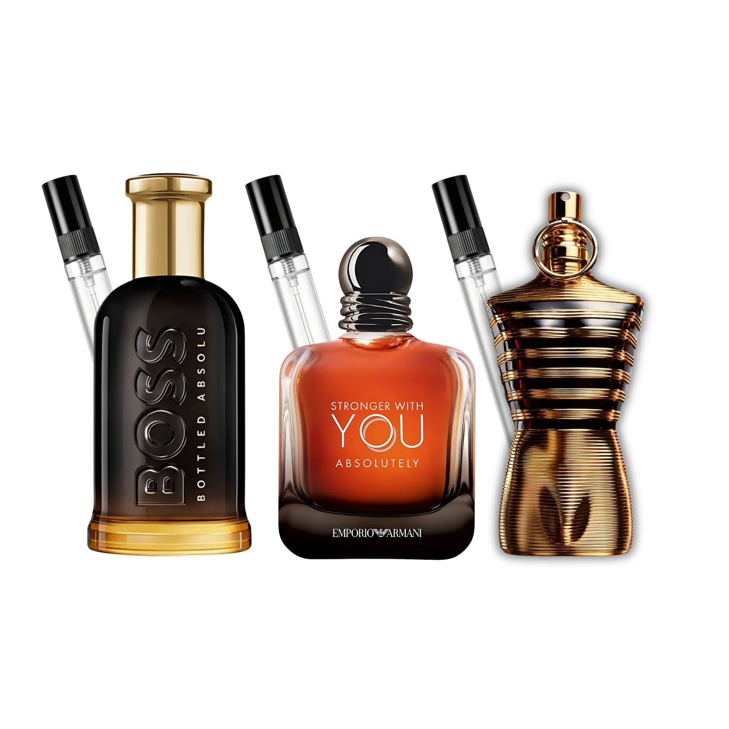 Pack 3 × 10 ml (Boss Bottled Absolu + Stronger With You Absolutely + Le Male Elixir)